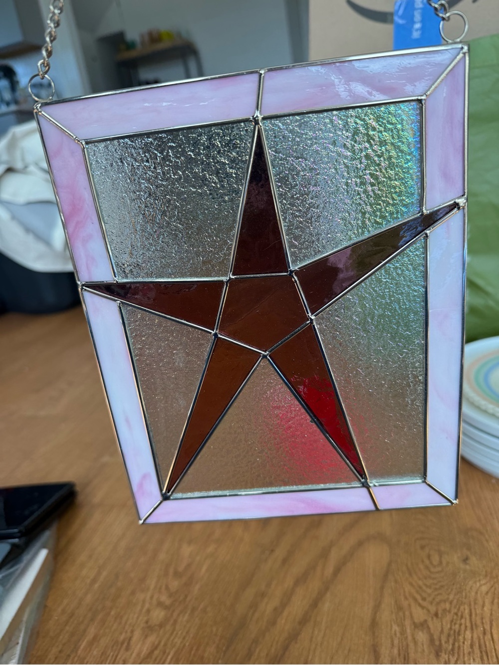 Handcrafted Pink & Red Star Stained Glass Panel wall or window hanging